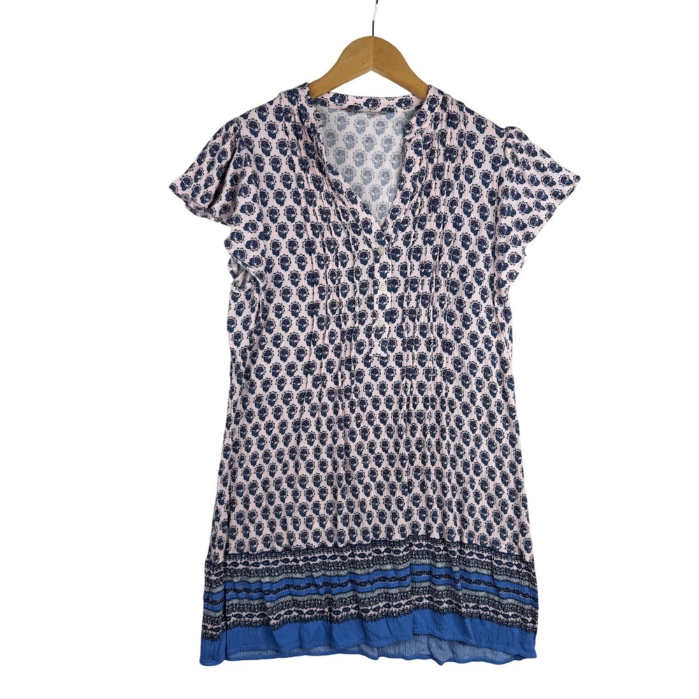 Loft Floral Print Pleated Ruffle Sleeve Mini Dress size Medium Blue/Cream